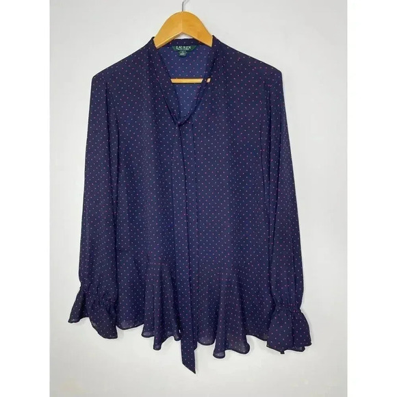 Lauren Ralph Lauren Tie-Neck Georgette Blouse size XL polkadot - Picture 4 of 12